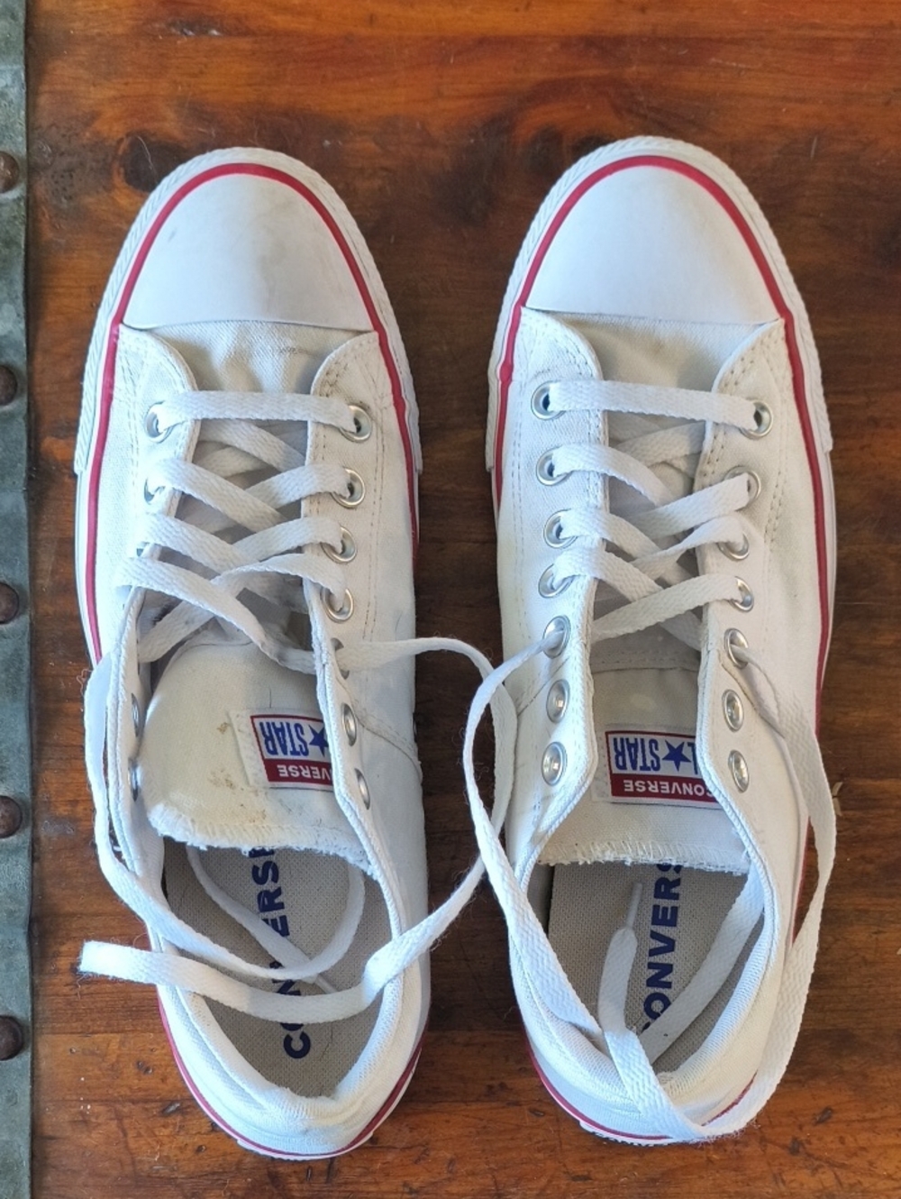 Women's Size 11 Converse White Low Top Sneakers with Red Trim